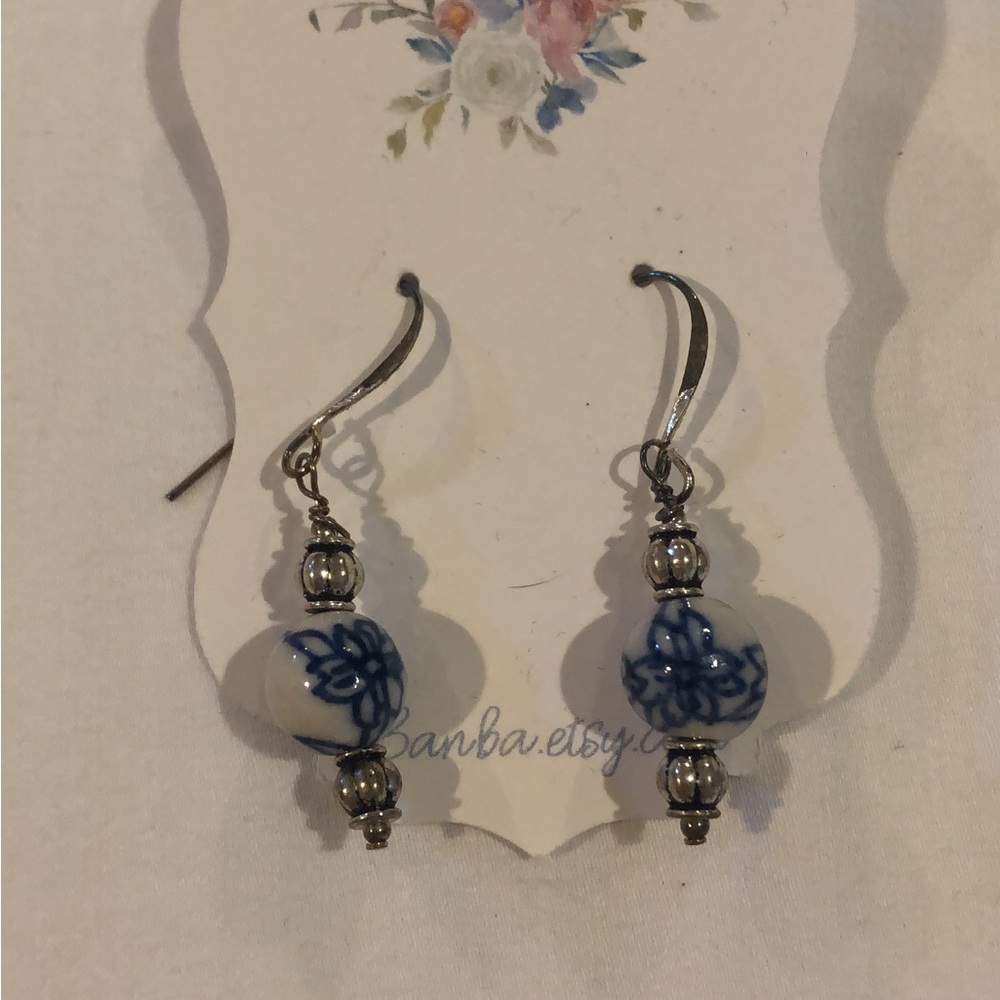Blue and White Porcelain Bead Drop Earrings